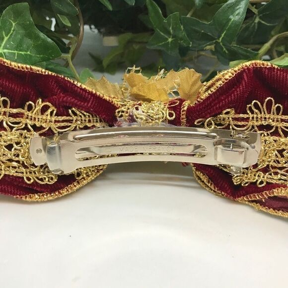 Velveteen Bow Barrette Gold Burgundy Vintage 1980s main image 8
